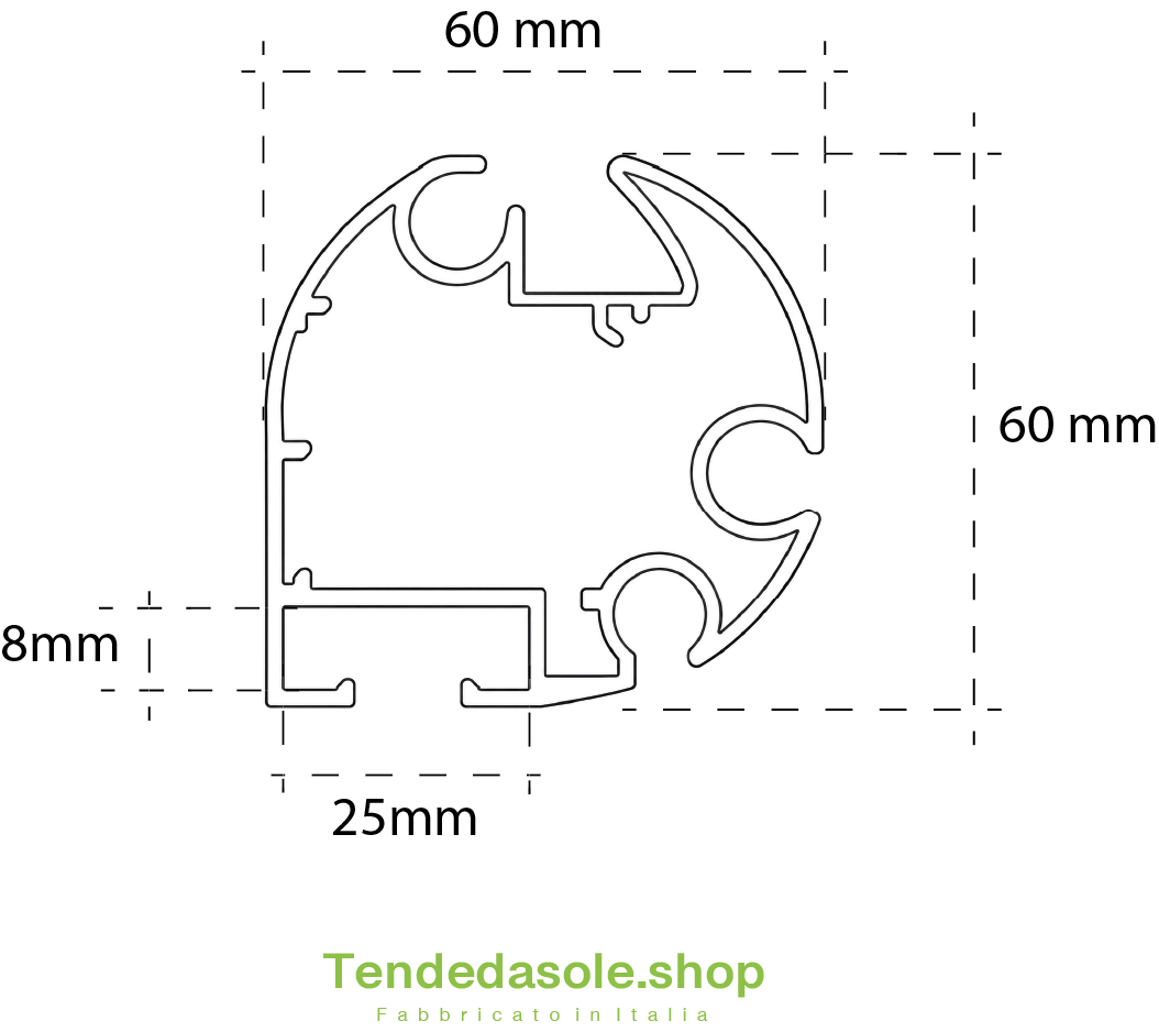 Sezione profilo barra frontale tenda da sole Cover Bat KE